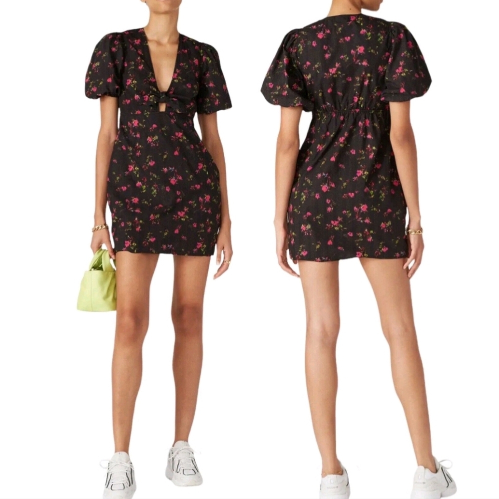 Pam & Gela Neon Pink Ditzy Floral Puff Sleeve Cut-Out V-Neck Mini Dress